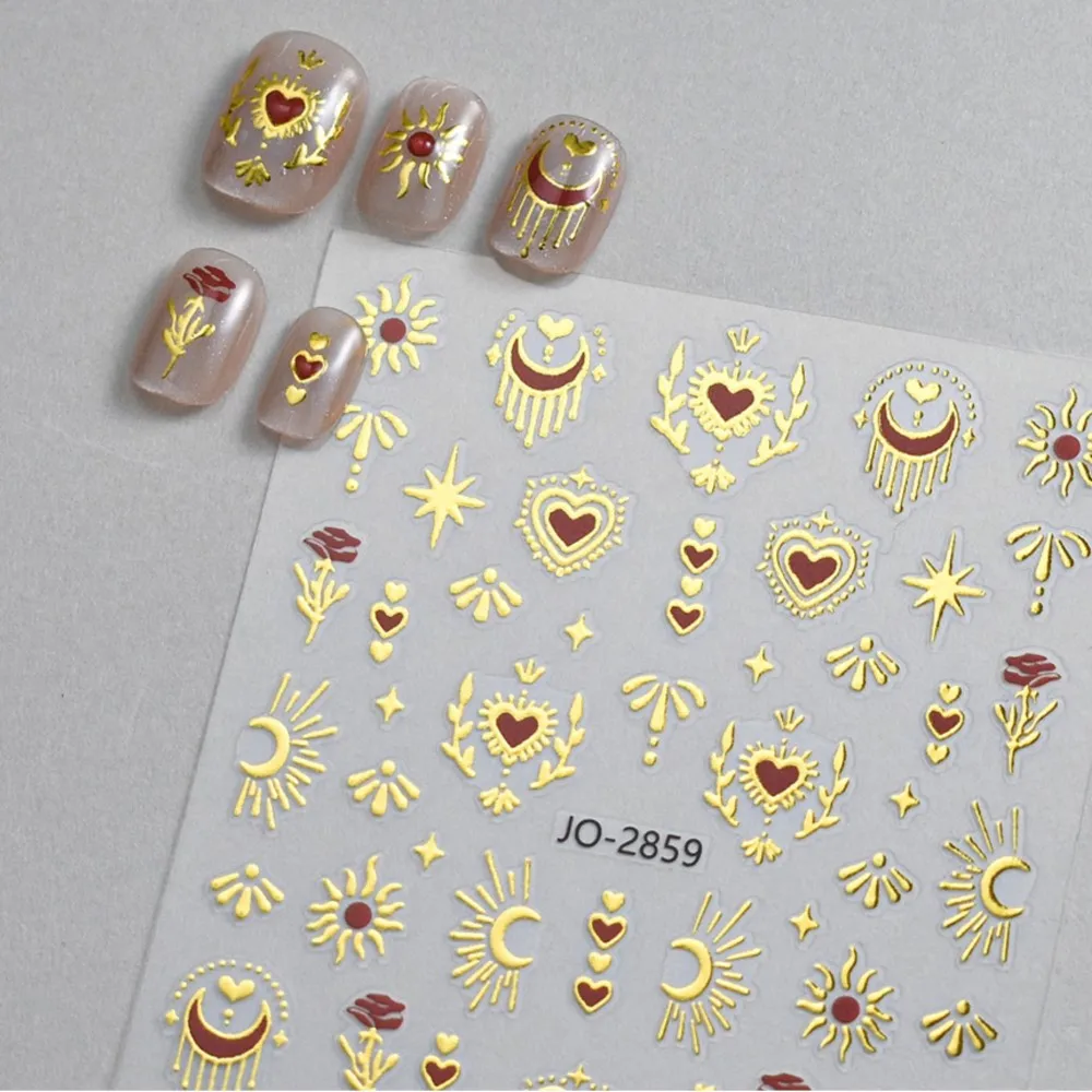 1장 보헤미아 해와 달 별 네일 아트 스티커 셀프 접착 브론징 하트 네일 데칼 셀프 접착 레트로 매니큐어 슬라이더