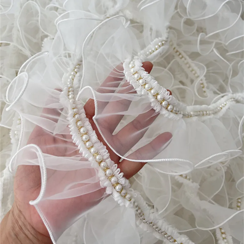 7CM Wide Tulle White Ruffle Organza Beaded Fringe Ribbon Lace Fabric Edge Trim Wedding Dress Apparel Curtains DIY Sewing Decor