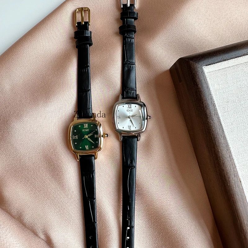 Retro klein vierkant horloge schoolmeisje Romeinse cijfers licht luxe lederen quartz dameshorloge