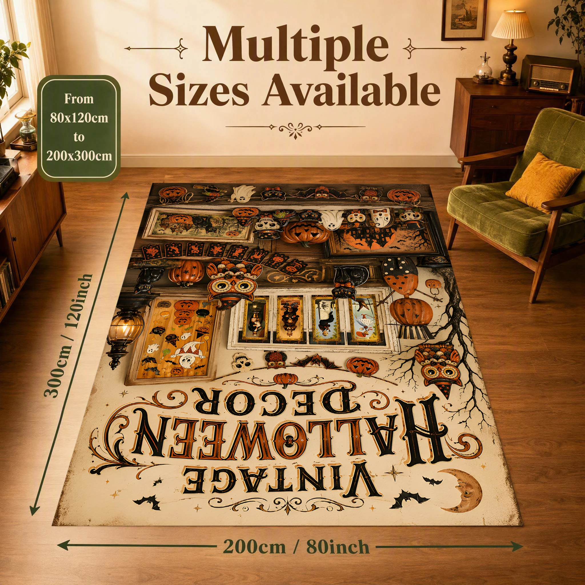 Velvet Rug Pumpkin Ghost Owl Halloween Street Vintage Halloween Slogan American Retro for Entryway Living Room