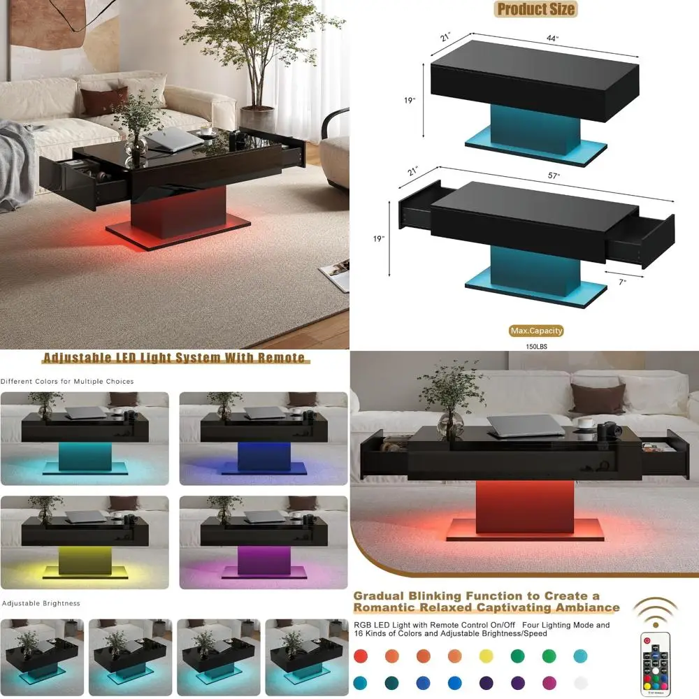 Modern Rectangular High Gloss Coffee Table with Storage Drawers for Living Room, Sleek Center Table in Black Finish