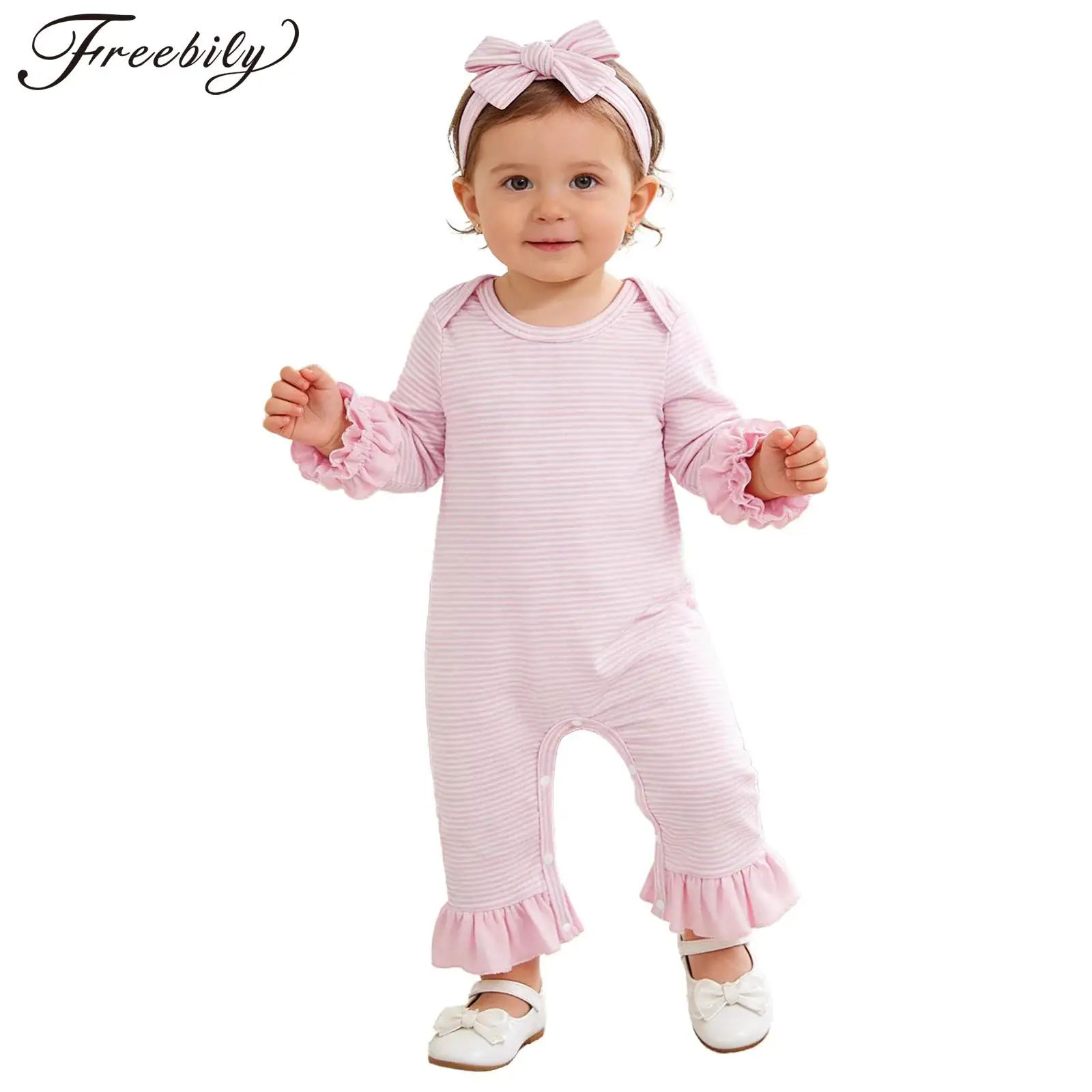 

Newborn Baby Girls Clothes Ruffles Long Sleeves Striped Romper with Headband Infant Birthday Photography Coming Home Outfits