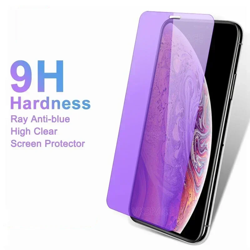 1-3Pcs Anti Blue Ray Purpel Tempered Glass for iPhone 16 15 14 13 12 Mini 11 Pro X XR XS MAX Plus 6 6S 7 8 Screen Protector Film