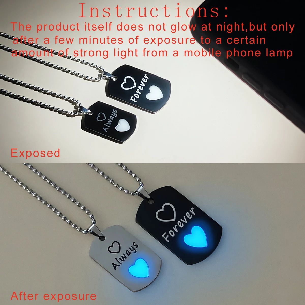 2-Piece Set Glow in theDark 'Forever Always' Word Simple Heart Pattern Couple Necklaces omen Fashion Minimalist Gifts Jew