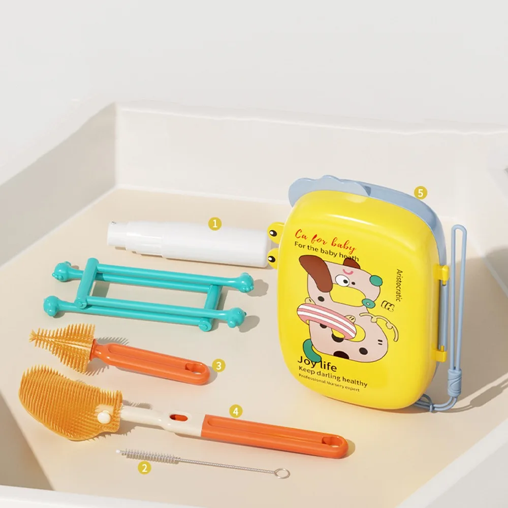 

5-in-1 Baby Bottle Brush Set Built-in Drain Rack Space Saving Nipple Straw Cleaning Brush Drying Rack Portable Cup Brush