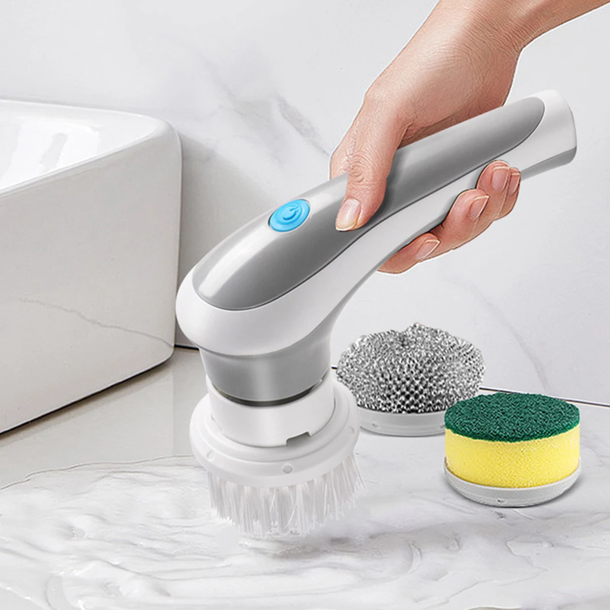 3-in-1 Multifunctional Electric Brush for Cleaning Sinks, Windows, Etc.-USB Charging, Rotating Sponge and Wire Brush