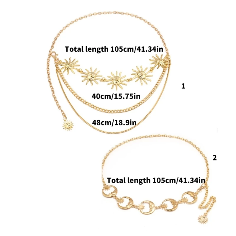 Gold Tone Body Chain Sun/Moon Waist Chain for Stylish Ladies Adjustable Length Metal Waistband for Music Festivals