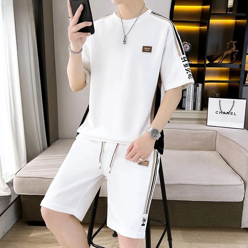 

Summer Set Men's Casual Sportswear White ort Sve orts Trendy Brand Summer M Clothing Two-Piece Set