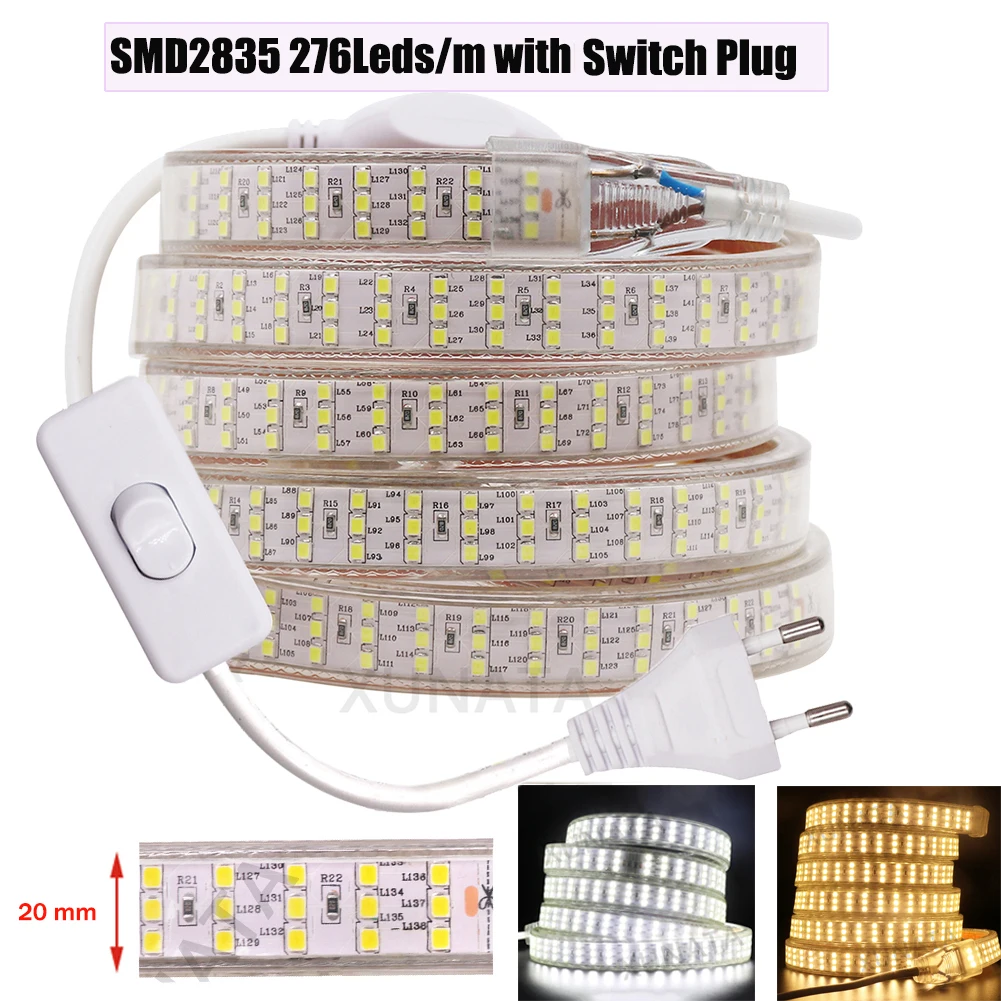 276Leds/m Three Row LED Strip 2835 220V 240V Waterproof LED Tape Rope Light Warm White Home Decoration Lighting New