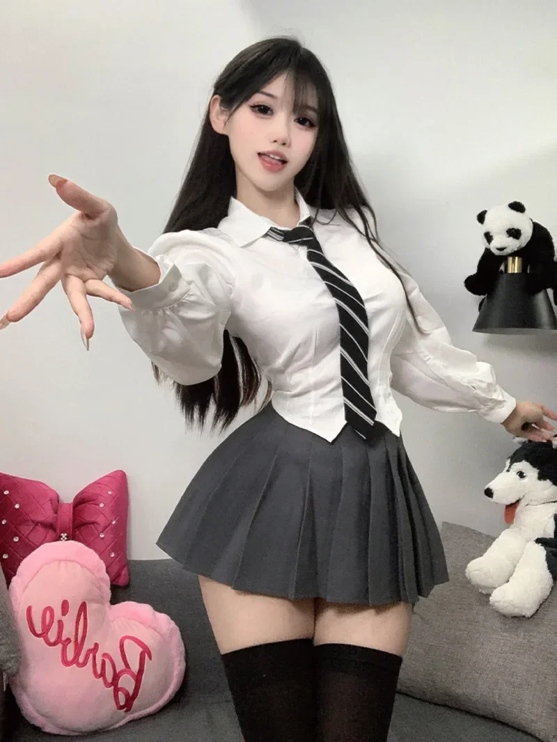 

JK Long Sleeved Slim Waist Cinched Shirt Spicy Girl Pure Desire College Style Puff Sleeve American Fashion Sexy Korean Set
