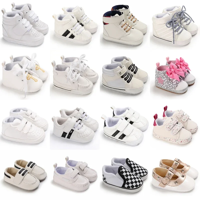 

Newborn Baby Shoes Boy Girl Classical Sport Soft Sole PU Leather Multi-Color First Walker Casual Sneakers White Baptism Shoes