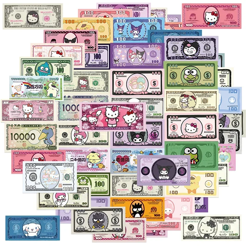 50Pcs Sanrio Creative Paper Money Stickers Cute Anime Hello Kitty Kuromi Aesthetic Decals Laptop Phone Waterproof Sticker Toys