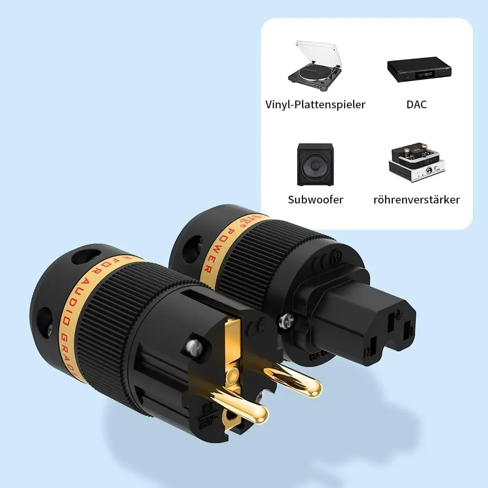 Viborg VE501G+VF501G 99.99% Pure Copper 24K Gold Plated Schuko Power Plug Connector IEC Female Plug DIY Mains Power Cord Cable