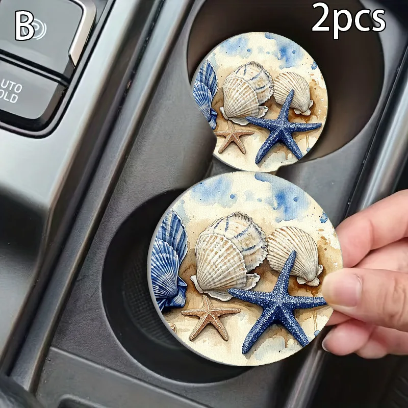 2Pcs Watercolor Seashell Starfish Beach Pattern Leather Car Cup Holder Coasters, Anti Slip Base Waterproof Washable Auto Interio