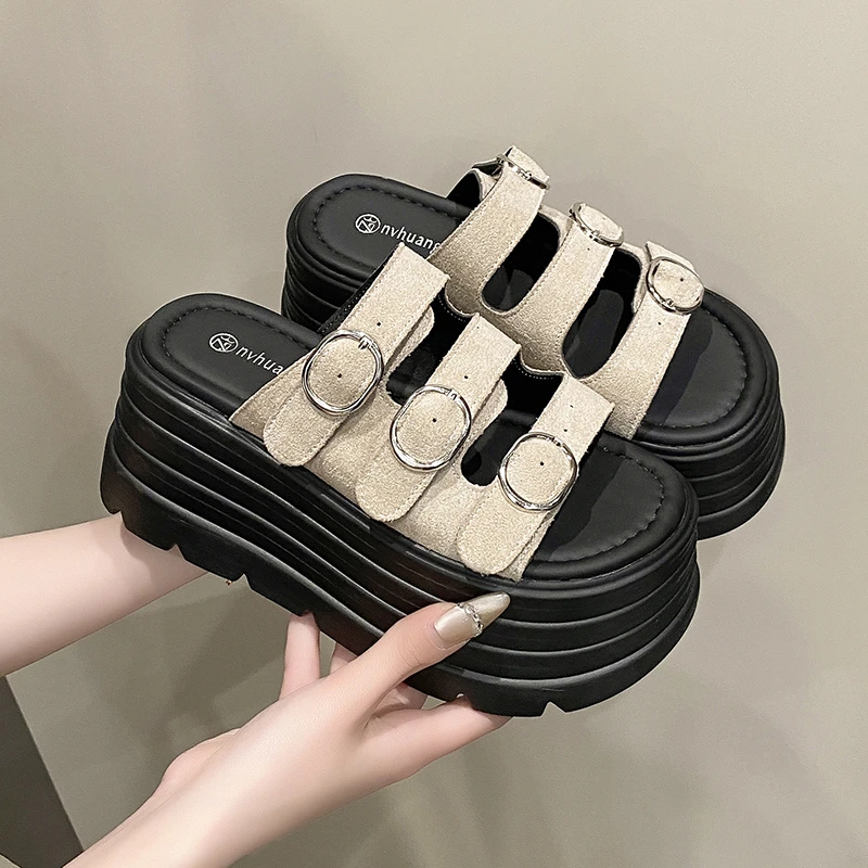

8CM New Women Sandals Fashion Buckle Summer Platform Soft Beach Cloud Sandals Vacation Nonslip Flat Sandals Home Casual Shoes