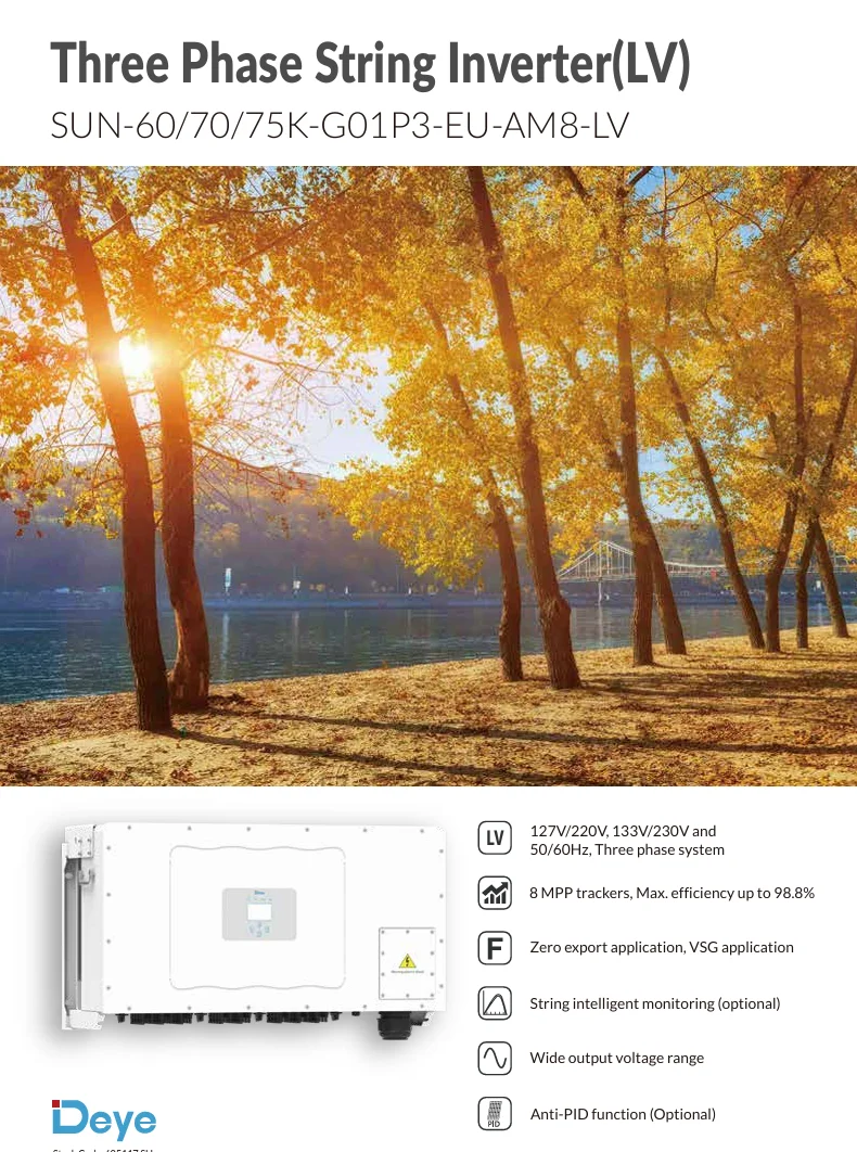 US Version Three-phase 220V SUN-60/70/75K-G01P3-EU-AM8-LV Three Phase String Inverter(LV) 60kw 70kw 80kw 127V/220V 133V/230V