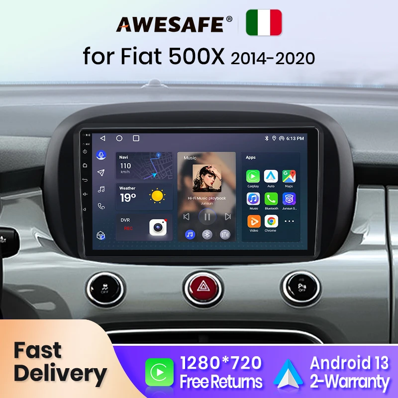 AWESAFE Wireless CarPlay for Apple Android 13 Auto Radio for Fiat 500X 2014 2015 2016 2017-2020 Multimedia Screen Stereo Italy