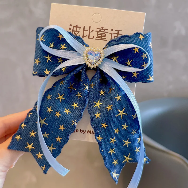 Denim Five Point Star Bow Hair Clip and Ponytail Tie for Kids Korean Style Cute Non Slip Gentle on Hair Daily School