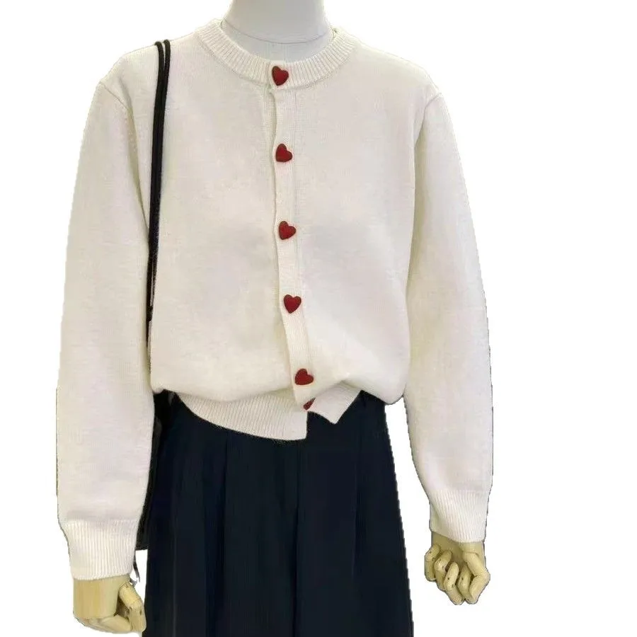 Love Button Sweater Jacket for Women 2025 Autumn New Loose Round Neck Knitted Cardigan Top