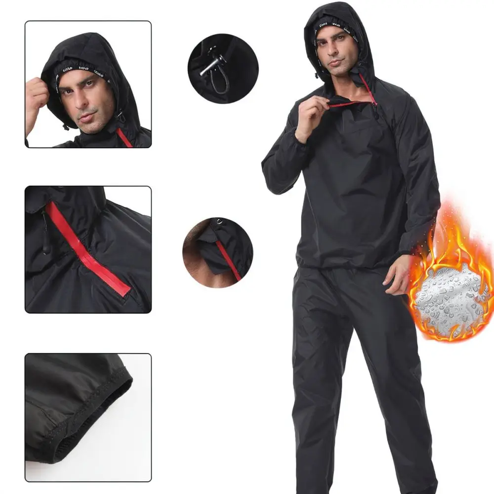 Mens Sweat Sauna Suit Hooded Long Sleeve Sportswear Quick Dry Fitness Running Exercise Training Gym Workout Clothes