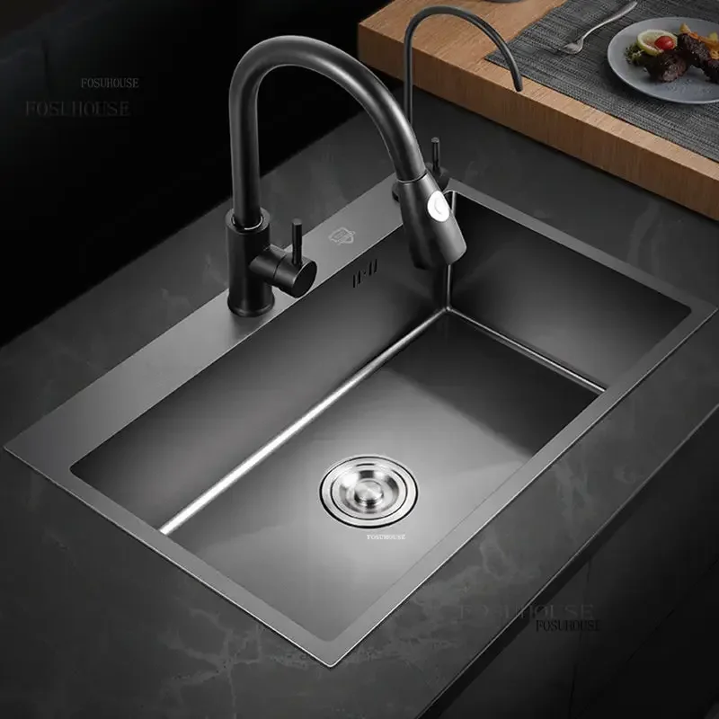 Nano Kitchen Sinks Single Bowl Large Sink Home Black Stainless Steel washing Sinks Over Under counter Basin Kitchen Accessories