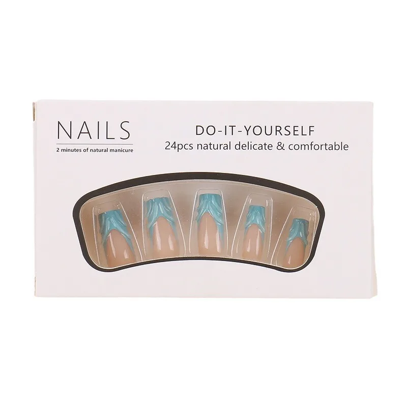 

Wearing nail French blue edge contrasting color manicure patch finished 24 pieces three-dimensional wave strip fake nails