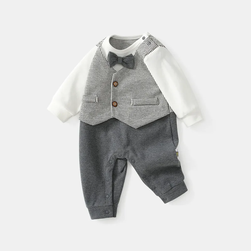 Autumn Baby Boy Korean Style Gentleman Bow Romper Long Sleeve Cotton Soft Newborn Going Out Clothes 0-1 years Bodysuits