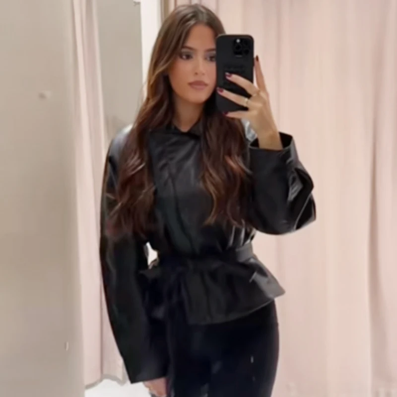 HXAO Women's Jackets Black Leather Jacket Woman Autumn Spring 2025 Chic Belt Crop Long Sleeve Coats Motorcycle Button Outerwears