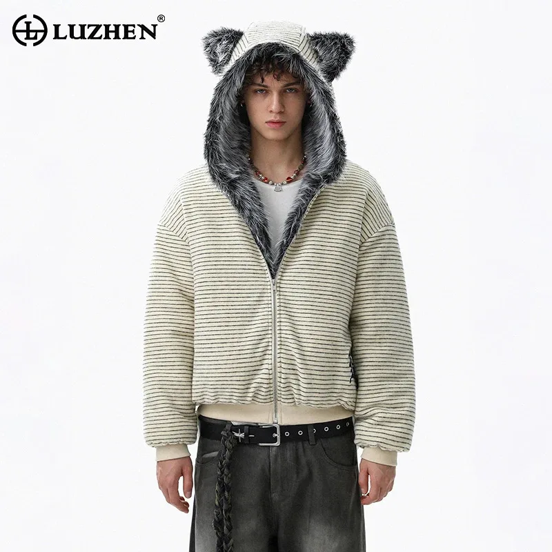 

LUZHEN полосатый принт с кроличьими ушками и меховым воротником с капюшоном, стеганое пальто, мужские зимние модные пальто 2025 года, теплые красивые парки высокого качества JY4928