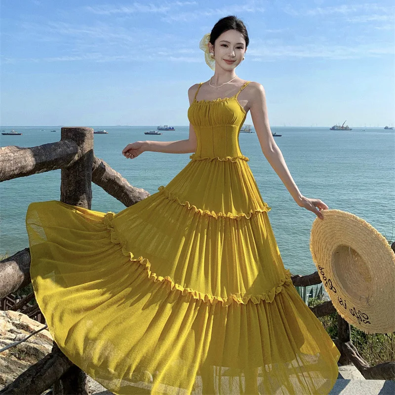 

Womens Summer Backless Holiday Beach Long Dress Sleevless Spaghetti Strap Pleated Yellow Dress Sexy Evening Party Dresses
