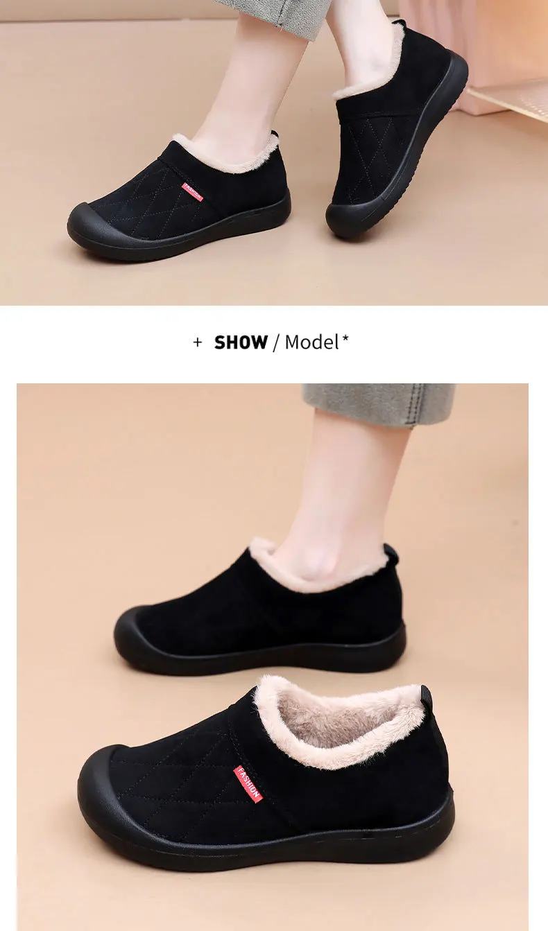 Damen Winter Warme Plüschgefütterte Slip-On Loafer Gestepptes Obermaterial Rutschfeste Weiche Sohle Lässige Baumwollschuhe zum Gehen – Detail 18