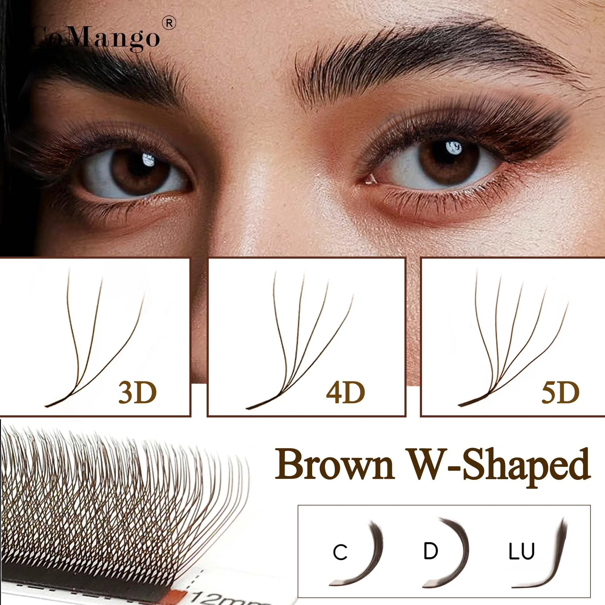 CoMango C/D/LU Brown 3D/4D/5D W Shaped Eyelashes Extensions Premade Volume Fans W Style Lashes Natural Individual Eyelash Makeup
