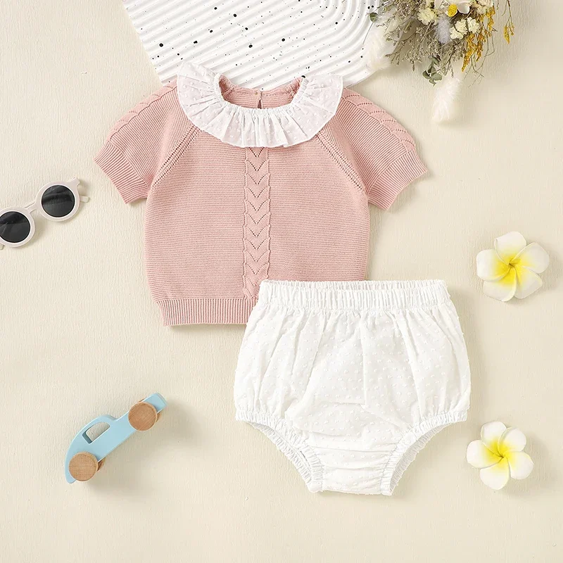 Infant Baby Clothes Sets Cotton Knit Newborn Girls Boys Pullover +Shorts Star Children Kid Sweater +Pants Fashion Ruffles Collar