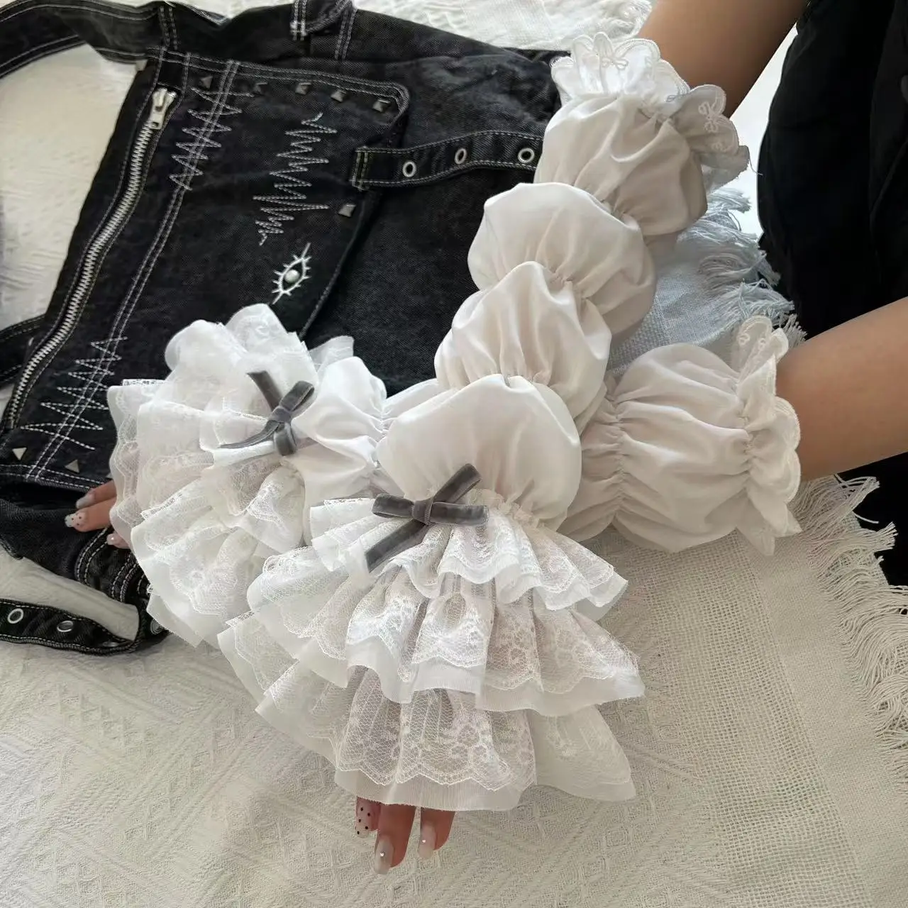 Lolita Jk – gants sans doigts en dentelle pour femmes, avec nœud, Kawaii, couverture de manches en dentelle blanche, sangle de Ballet Y2K Cosplay JK, accessoires pour vêtements