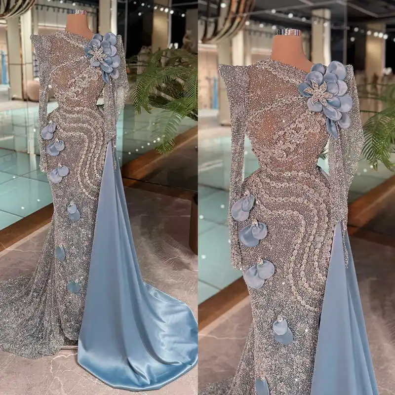 

Luxurious Crystals Mermaid Evening Dresses Long Sleeve Sweep Train Prom Gowns Sequins Beadeds Formal Occasion Dresses