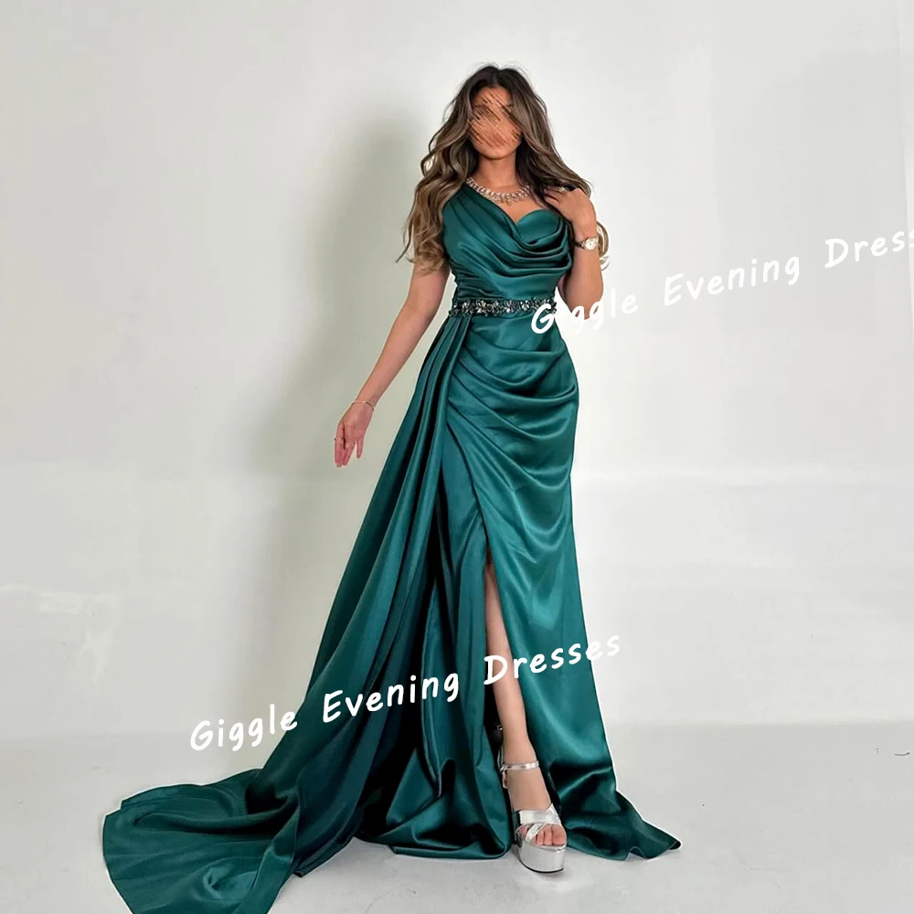 

Giggle Satin One-Shoulder Pleating Elegance Prom Gown Saudi Arab Sashes Slit Floor-Length Evening Party Dresses for Women 2024