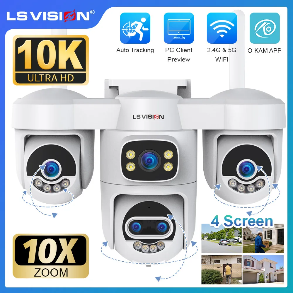 

LS VISION 20MP Three PTZ Four Screens WiFi IP Camera Outdoor 10X Zoom 5-Lens Human Auto Tracking PC Client Surveillance Cameras