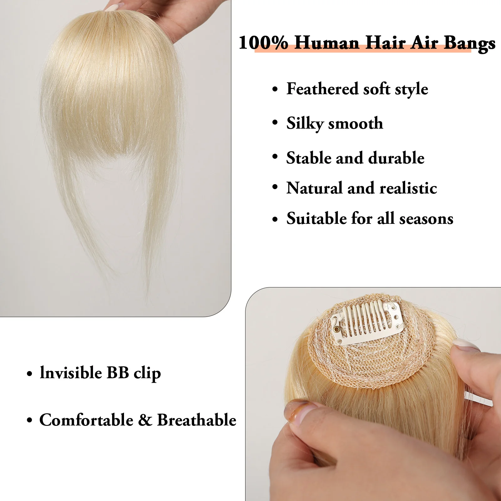 100% Real Human Hair Blonde Golden Wispy Bangs Clip in Hair Extensions Natural Air Bangs Hairpieces for Women Daily Wear 4.5inch