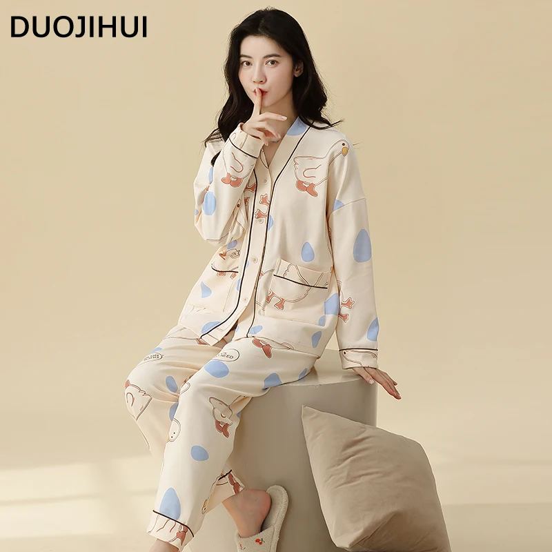 DUOJIHUI Two Piece Chic Print Simple Women's Pajamas Set Basic V-neck Button Cardigan Loose Casual Pant Fashion Female Sleepwear