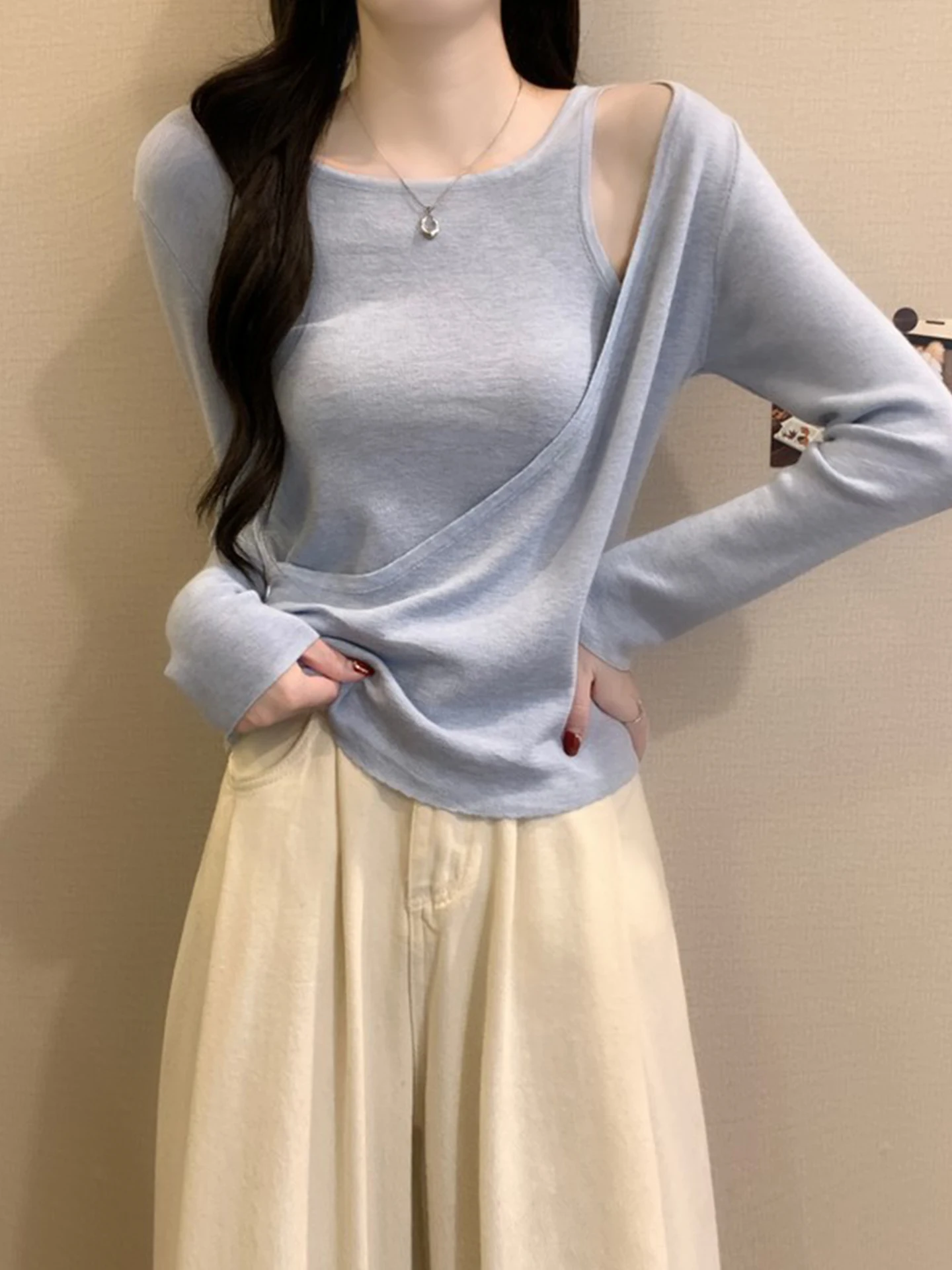 

Slim Fit Long Sve Knitted irt oulder Bared round Ne Pure Color Commute Sle Korean Version Soft Material Daily Wear