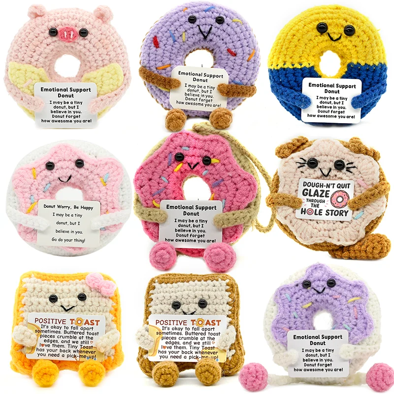 FoodSeries Positive Energy Donut Combo Crochet Doll Handmade Knitted Decor Ornament Encouragement Card Mini Desk Decor Gift