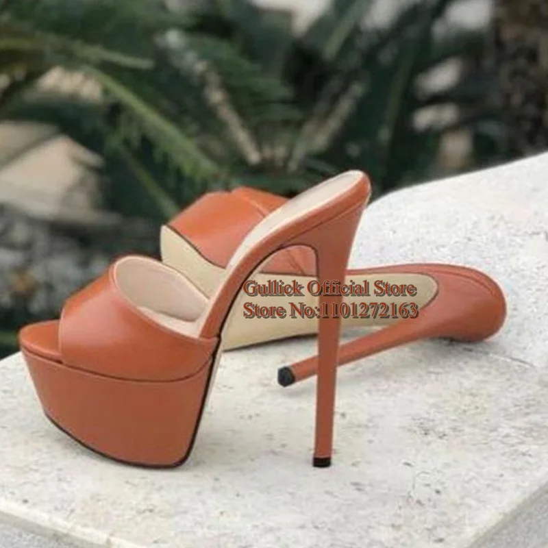 Brown Matte Leather Stiletto Heels Platform Summer Sandals Patchwork Leather Fashion Peep Toe Slip on Women Mules Shoes