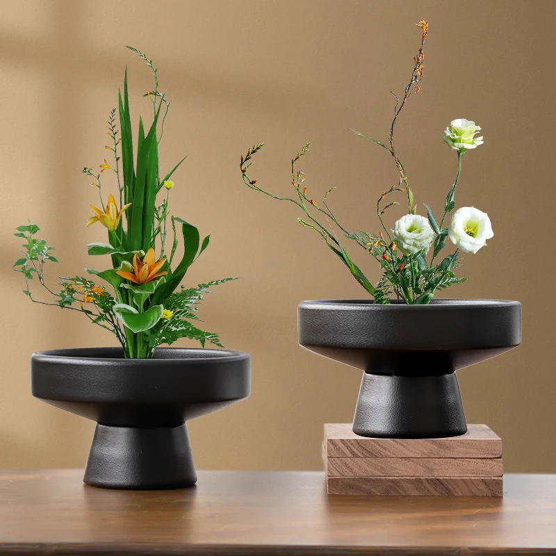Retro Ceramic Vase Black Plant Vase FlowerPot Ornament Tabletop Plants Home Bonsai Decor Tabletop Floral Accessories