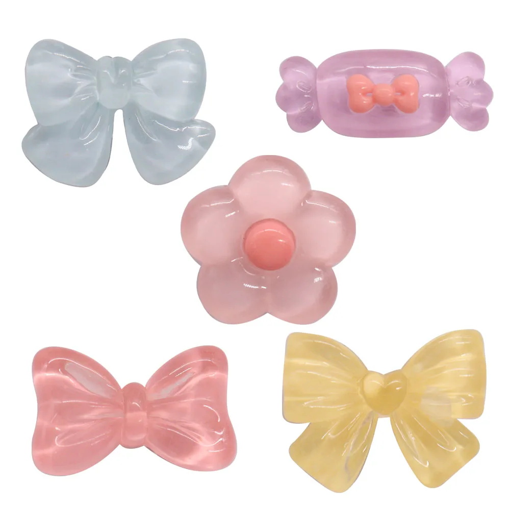 1-5Pcs Cartoon Transparent Bow Candy Flower Resin Shoe Charms Garden Shoes Button Ornaments Slipper Accessories For Clogs Pins 