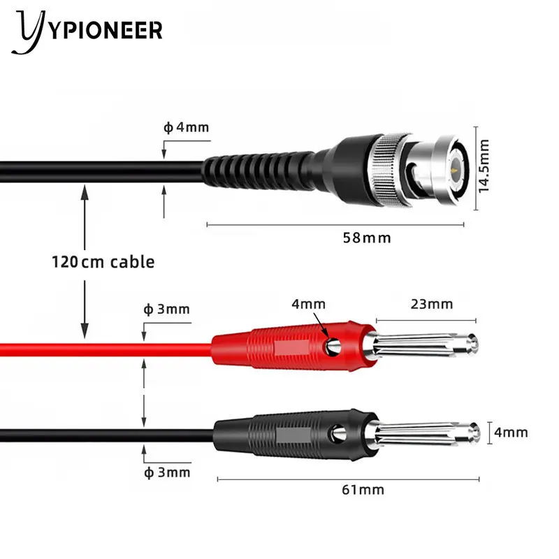 YPioneer-كابل توصيل ذكر P1008A BNC Q9 إلى مزدوج 4 مللي متر ، قابس موز قابل للتكديس ، اختبار كهربائي 120 سنتيمتر