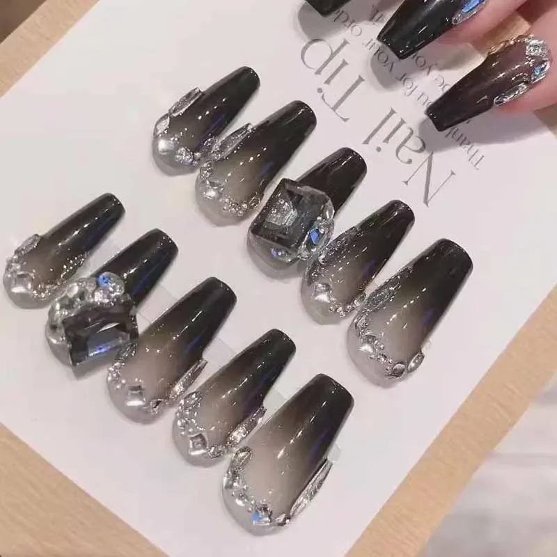 10 قطعة نمط رائع حلو الراقية الأسود التدرج اليدوية الصحافة على الأظافر كاميليا رصع الماس نمط طويل موضة مسمار التصحيح