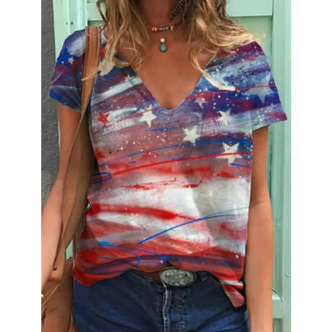 USA National Flag Printed T-Shirt Fashion Women T Shirts Short Sleeve V-Neck Streetwear Tees Harajuku Casual Y2k Cool Girls Tops