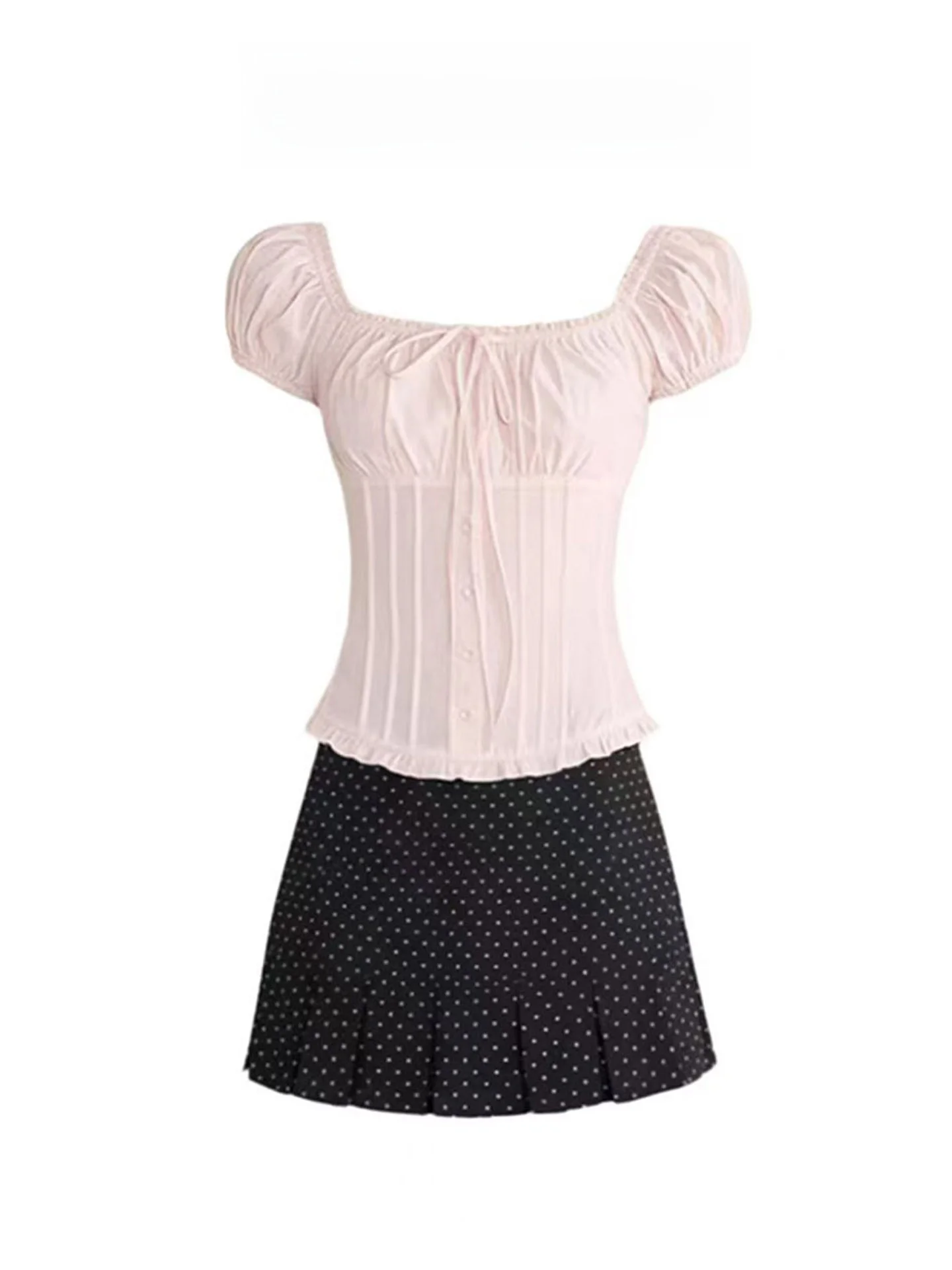 

Korean Sweet Pink Short Sleeve Shirt Women Summer One Shoulder Bubble Sleeve Top Polka Dot Pleated Skirt Two Piece Set