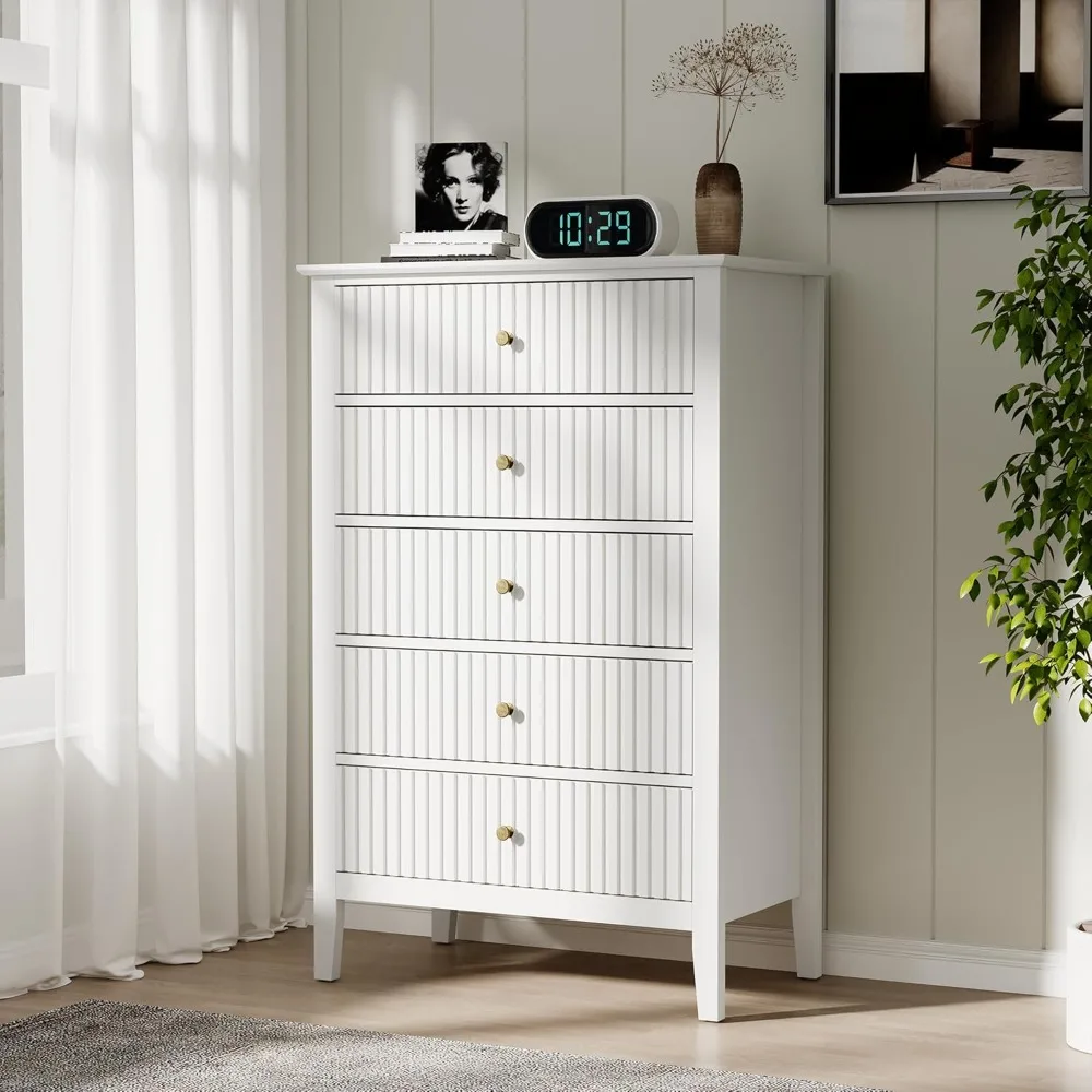 

White Fluted 5 Drawer Dresser for Bedroom, Tall Chest of Drawers, Waterproof Lacquered Desktop,Modern Wood Storage Cabinet for