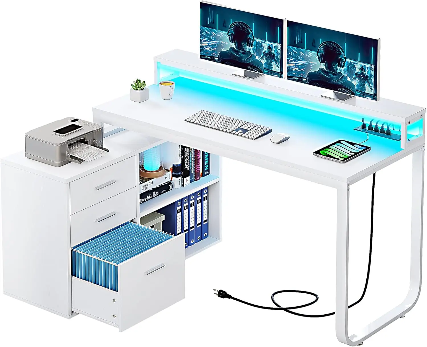 L Shaped Desk with Power Outlets & LED Lights & File Cabinet, 55